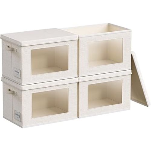 4-Pack Fabric Foldable Storage Bins Closet Storage Box with Window Decorative Storage Bins with Lids for Clothes, Closet, Books, Living Room, Beige, 15“ x 9.8” x 9.8"