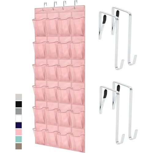GORILLA GRIP Over the Door Shoe Organizer, 24 Large Breathable Mesh Pockets, Space Saving Hanging Storage Holder, Closet Rack Hanger Holds Up to 40 lbs, Hangs on Closets for Shoes, Accessories, Pink