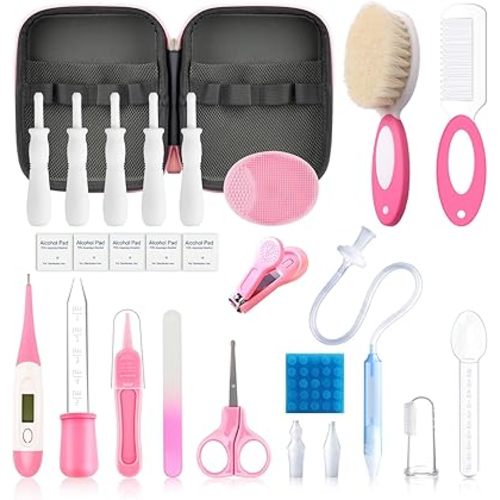 Baby Healthcare and Grooming Kit, 23 in 1 Portable Baby Essentials Kit with Gas Relief Hair Brush Comb Nasal Aspirator for Newborn Boys Girls (Pink)