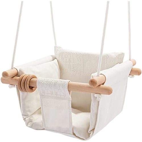 Secure Canvas and Wooden Baby Hanging Swing Seat Chair Indoor Outdoor Hammock Backyard Outside Kids Toys Swings 6-36 Months with Lace Décor Cushion Natural Ring, Beige