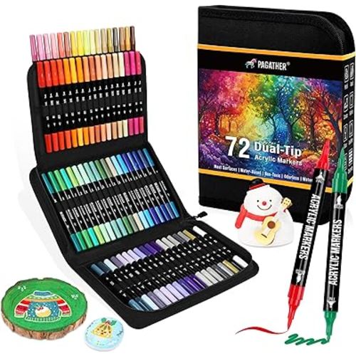 72 Colors Acrylic Paint Markers, Dual Tip with Fine Tip and Brush Tip Pens for Stone, Wood, Calligraphy, Canvas, Ceramic, Metal, Glass, Rock Painting, DIY Crafts Art Supplies Kit