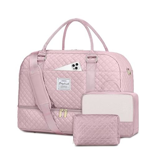 Travel Duffle Bag Weekender Bags: Pink Duffel Bag with Shoe Compartment Carry On Overnight Bag with Wet Pocket Yoga Gym Bags Hospital Bags for Labor and Delivery 3 Pcs Set