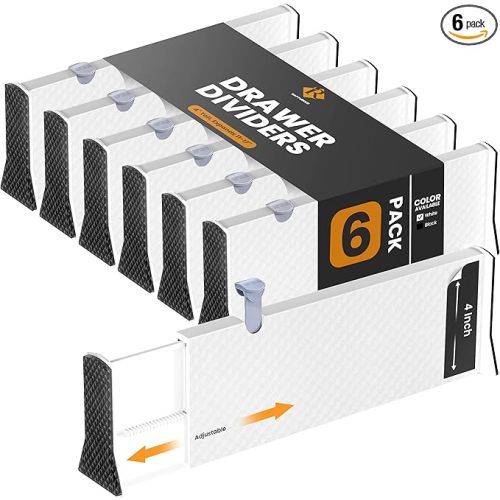 RAPTUROUS Adjustable Drawer Dividers 6 Pack, 4” High, 11-17” Long, Dresser Drawer Divider for Bedroom, Closet, Kitchen, Nursery Organization, Office, Strong & Sturdy Hold, Soft Foam Edges(White) - 6 Pack - White - 4" Tall, 11"- 17" Long