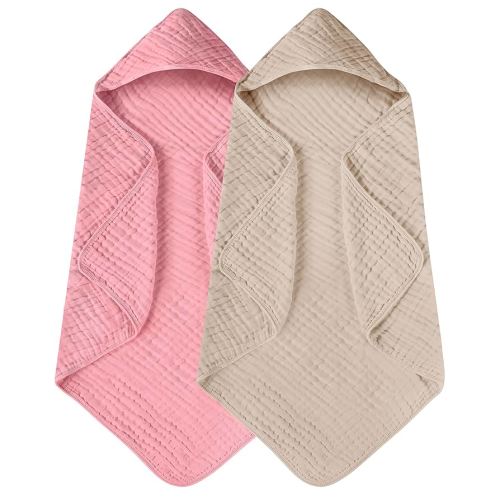 Yoofoss Hooded Baby Towels for Newborn 2 Pack 100% Muslin Organic Cotton Baby Bath Towel with Hood for Babies, Infant, Toddler and Kids, Large 32x32Inch, Soft and Absorbent Newborn Essential