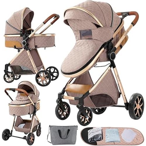2 in 1 Baby Bassinet Stroller, Convertible Foldable Standard Stroller, Reversible Pushchair Infant Buggy Carriage, Portable High Landscape Pram for Toddler Newborn, Aluminum Alloy (2USV9-KHAKI)