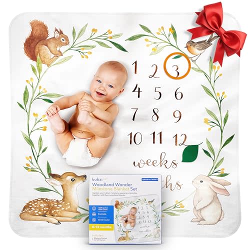 Bubzi Co Baby Monthly Milestone Blanket, Soft Woodland Photo Blanket for Baby Boy & Baby Girl, Nursery Bed Blanket, Newborn Essentials, Baby Registry Must Haves