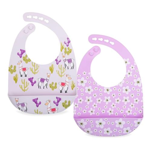 Nuby 2 Pack Adjustable Easy Clean Soft Silicone Bibs with Scoop, Flowers & Llama