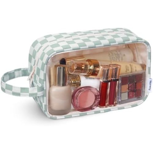 Narwey Checkered Clear Makeup Bag Cosmetic Bag with Zipper for Travel, Clear Toiletry Bags for Traveling Toiletries Women Men, Make Up Pouch with Handle, Skincare Bag (Mint Green Checkerboard)