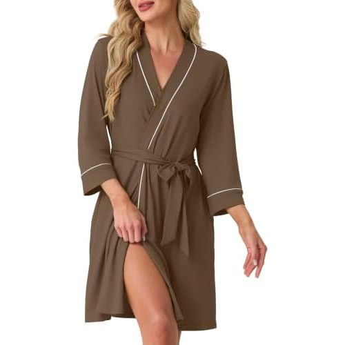 PrinStory Womens Robe Knee Length Soft Knit Bathrobe S-2XL