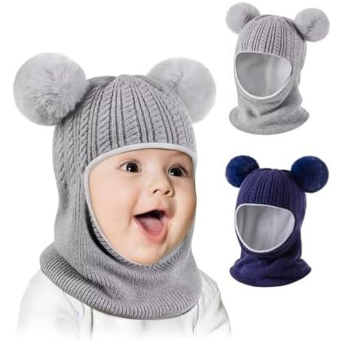 Baby Winter Hat Scarf Set 2 Pack, Toddler Beanie Hats Girl Boy with Neck Warmer, Beanie for Kids Knit Warm for Cold Weather