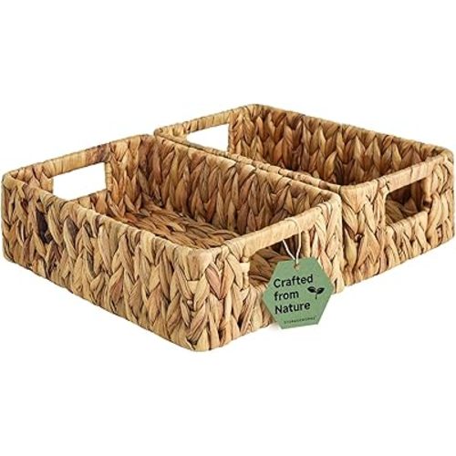 StorageWorks Small Wicker Baskets for Shelves, Shallow Baskets, 2-Pack