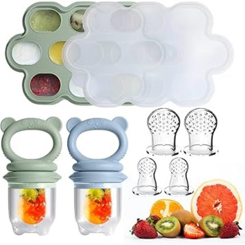 Baby Food Feeder Set, 2 Packs Fruit Feeder & Breastmilk Popsicle Molds Freezer Tray with Lid, Silicone Fruit Feeder to Teething Relief, Introduce New Foods, Baby Feeding Essentials(Green+Blue)