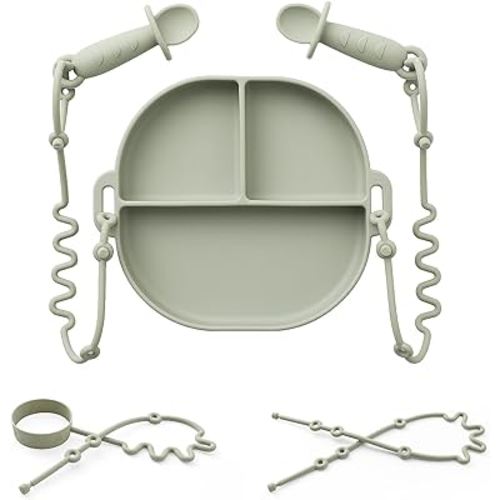 Andy Bear Silicone Plates for Babies with Suction Divided Baby Spoons Silicone Baby Toy Straps All-in-one Plates Silicone Placemat for Babies Toddlers Attachable Tethers & Built-in Suction Cups-Sage