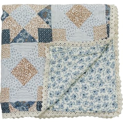 Mebie Baby Muslin Quilt, Patchwork Print and Blue Blossom, 100% Muslin Cotton Baby Blankets for Girls and Boys, Muslin Baby Blanket for Newborns, 47"x47"