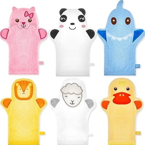 Nuenen 6 Pcs Kids Bath Mitt Washcloths Gloves Sponge Cute Animal Toddler Bath Mitt Newborn Cotton Infant Sponge for Baby Bath Body Wash Gloves for Boys Girls Children Hand Bathing Shower, 6 Styles