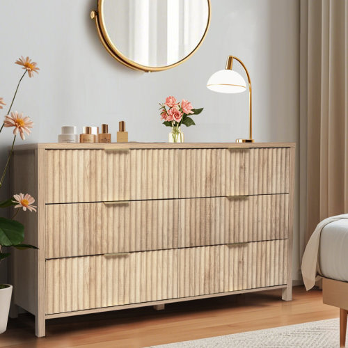 Ebern Designs 6 Drawer Dresser with Fluted Panel, Wide Chest of Drawers, Curved Wooden Dresser for Closet with Metal Wide Handles, Storage Dresser Organizer | Wayfair