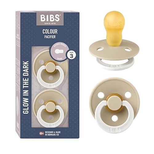 BIBS Pacifiers Colour Collection | Natural Rubber Baby Pacifier | Set of 2 BPA-Free Soothers | Made in Denmark | 18+ Months (Pack of 2) | Iron Glow/Baby Blue Glow