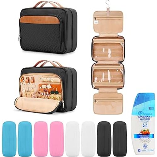 Travel Hanging Toiletry Bag for Women, Cruise Ship Essentials, with Jewelry Organizer, Medium Makeup Dopp Kit, Waterproof Cosmetic Bags, Toiletries Kit Set Accessories with Trolley Belt, Black