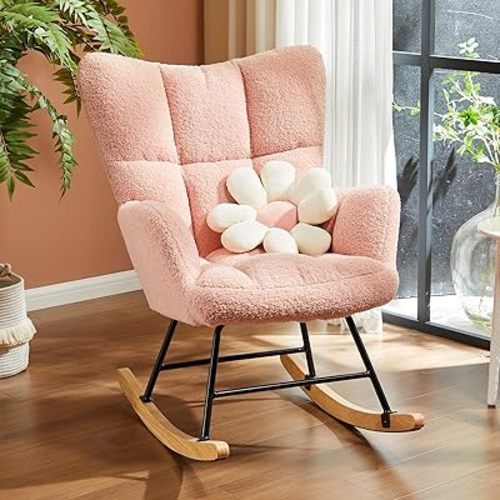 Sweetcrispy Rocking Chair Nursery, Teddy Upholstered Glider Rocker with High Backrest, Reading Chair Modern Rocking Accent Chairs Glider Chair for Nursery, Living Room, Bedroom, Baby Pink