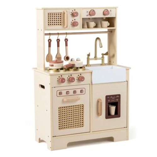 Costway Kids Play Kitchen, Wooden Pretend Kitchen Playset with Rattan Doors, Stoves Yellow