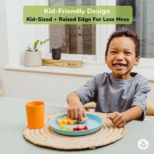 WeeSprout Bamboo, Silicone, Melamine Dishware Plate with Lids, Set of 4, Kid-Sized Design for Leftovers, Dishwasher Safe (Pink, Green, Gray, and Beige) - Pink, Green, Gray, & Beige - With Lids
