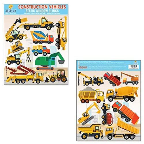 JesPlay Construction Vehicles Static Window Clings - 2 Sheets of Vinyl Window Stickers for Kids - Trucks, Bulldozers, Cranes - Other Removable Window Decals and Gel Clings for Toddlers are Available