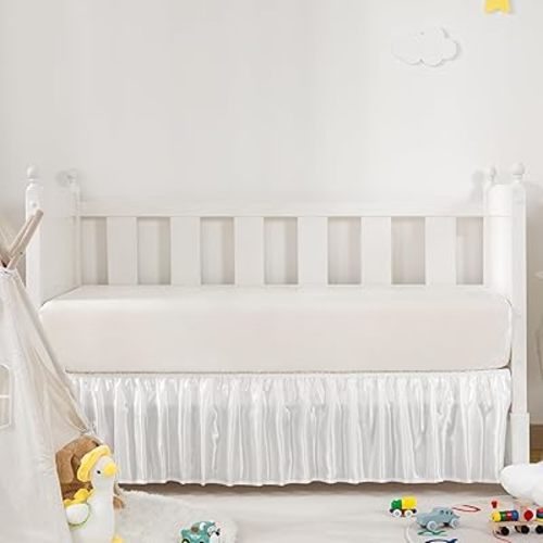 White Satin Crib Bed Skirt, 52" x 28" with 14" Drop Silky Soft Baby Crib Skirt for Baby Girls or Boys, Fit for Standard Crib & Toddler Bedding