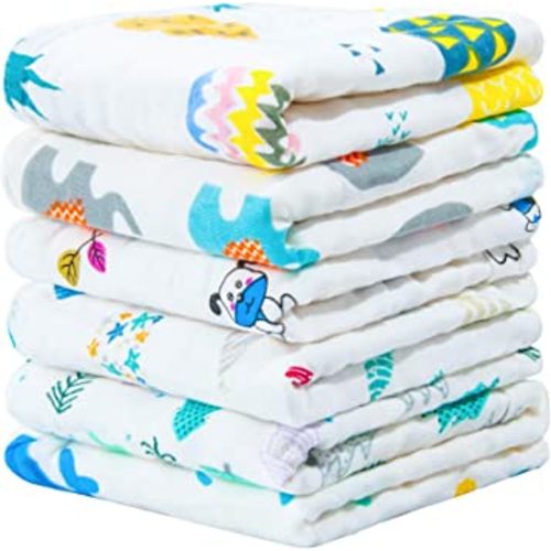 NTBAY 6 Pack Baby Muslin Washcloths, 6 Layers Natural Cotton Newborn Baby Face Towel with Animals Printed Design, Soft and Breathable Reusable Wipes and Shower Gift for Baby Registry, 10x10 inches
