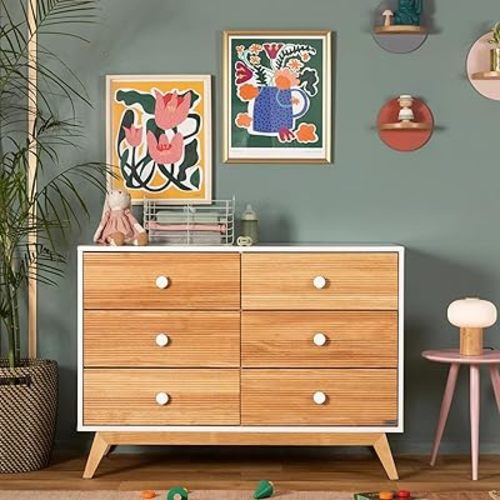 dadada Baby Merry 6-Drawer Dresser Modern Nursery Dresser with Natural Wood Fronts, Soft-Close Drawers, Anti-Tip Safety Kit, Baby-Safe Finish Spacious Storage for Nursery & Home (White/Natural)