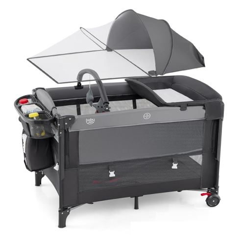 BABY JOY 5-in-1 Pack and Play with Canopy, 4 Adjustable Heights Baby Bedside Sleeper w/Bassinet, U-Shaped Diaper Changer, Safety Strap, Side Zipper, Portable Bedside Playard from Newborn to Toddlers