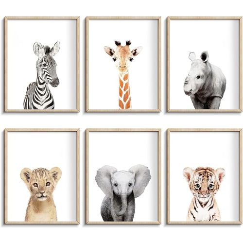 calmart Jungle Safari Animal Prints, Wall Art, 6 Pack, Unframed, Modern, Contemporary, Animal Theme, Waterproof, Landscape Orientation, Glossy Finish, Kids' Room Decor, Safari Themed Party Decor