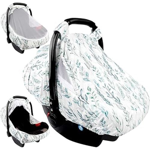 Car Seat Covers for Babies Girl Boy, Cozy Sun & Bug Cover, Infant Carseat Canopy Newborn Stroller Carrier Cover with Breathable Zipper Peep Window, Green Leaf