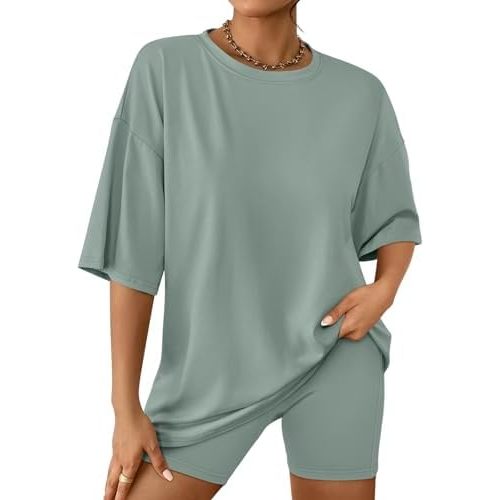 AUTOMET Womens 2 Piece Sets Summer Outfits 2025 Two Piece Lounge Set Matching Clothing Oversized Tshirts Biker Short Fashion