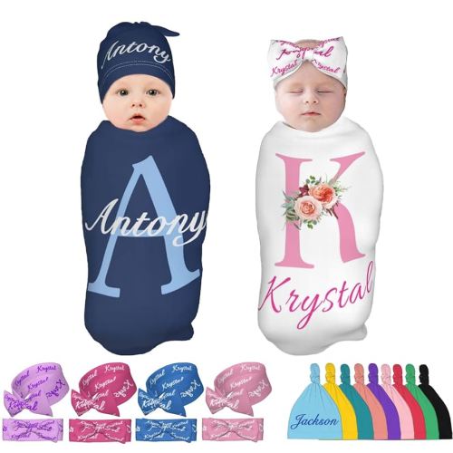 Personalized Baby Swaddle Blanket & Hat Set for Boy Girl with Initial Name Custom Newborn Swaddle Customized Baby Items Gifts