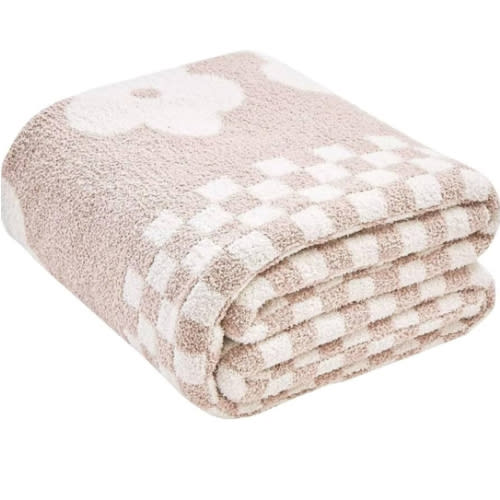 Checkered Throw Blanket, Beige Super Soft Knit Breathable Throw Blanket, Cozy Fluffy Reversible Checkerboard Flower Fuzzy Blanket for Couch Sofa Bed Living Room Decor 50 x 60 Inch