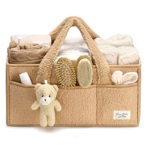 PeraBella Baby Diaper Caddy Organizer for Changing Table, Baby Storage Basket for Diapers and Baby Wipes, Gift for Baby Shower, Car Caddy Organizer, Nursery Diaper Organizer, Portable Diaper Storage - Extra Large - Beige