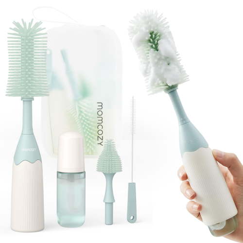 Momcozy Portable Bottle Brush Set - Baby Bottle Cleaner Kit with Silicone Brush, Nipple Brush, Straw Brush, Soap Dispenser, Drying Rack - 6 in 1 Bottle Cleaning Tool for Home and Travel