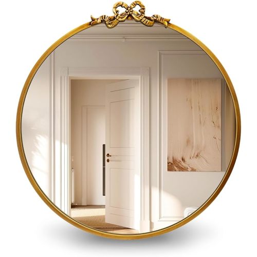 Vintage Round Gold Wall Mirror Bathroom Vanity Mirrors 20inch Decorative Antique Metal Ornate Circle Mirror, Baroque Home Bow Decor for Dressing Table,Bedroom,Living Room,Hallway