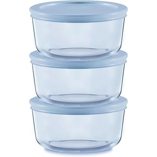 Pyrex Colors (3-Pack, Small) Tinted Glass Round Food Storage Container Set, Snug Fit Non-Toxic Plastic BPA-Free Lids, Freezer Dishwasher Microwave Safe, 2 Cup (x3) Tinted Glass , Blue