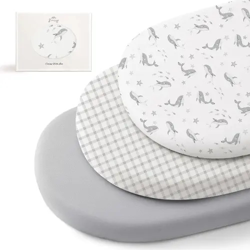 Konssy 3 Pack Stretchy Bassinet Sheets for Baby Girl Boy, Soft Breathable Baby Bassinet Mattress Sheets Fit for Hourglass Oval Cradle, Moses Basket Rectangle Mattress (Starry Whales)