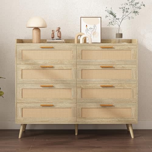 FUSOU 8 Drawers Dresser for Bedroom, 47'' W Rattan Storage Dresser TV Stand with Power Outlet, Chest of Drawers for Kids Room, TV, Living Room, Entryway