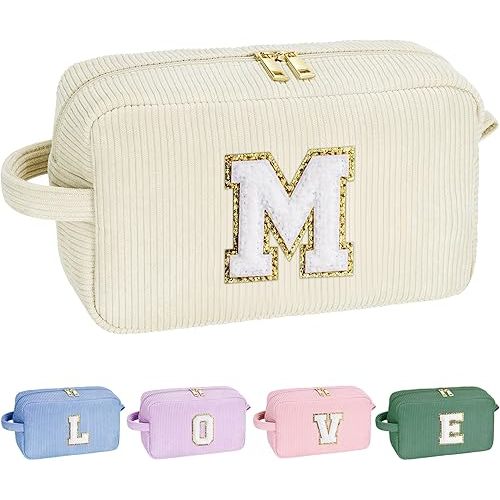 YOOLIFE Cute Gifts Travel Makeup Bag - White Makeup Bag Make Up Bag Travel Cosmetic Bags for Women Corduroy Makeup Bag Cute Makeup Bag Personalized Best Friend Birthday Gifts for Women Her Letter M