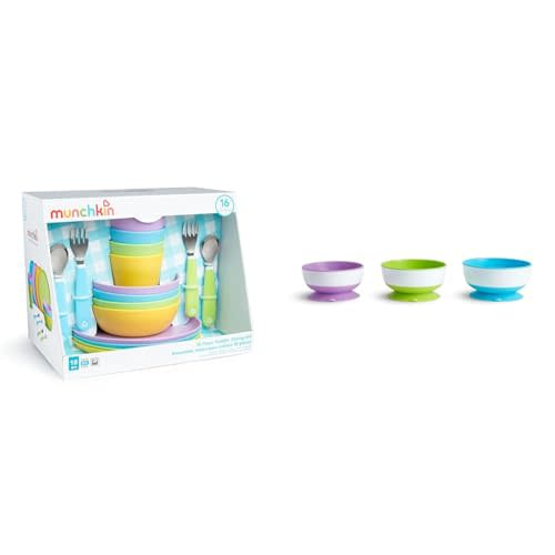 Munchkin® 16pc Baby and Toddler Feeding Supplies Set - Includes Plates, Bowls, Cups and Utensils & Stay Put™ Suction Bowls for Babies and Toddlers, 3 Pack, Blue/Green/Purple