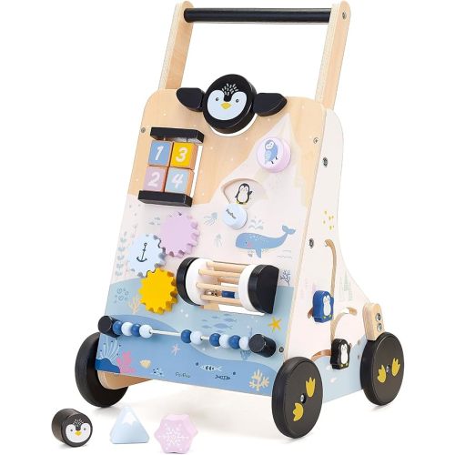 PairPear Wooden Baby Walker, Baby Push Walker Activity Center Toys,Montessori Walker Toy with Shape Sorter, Adjustable Speed Activity Walker Toys Gift for Boys Girls 1 2 3 Year Old(Polar Region)