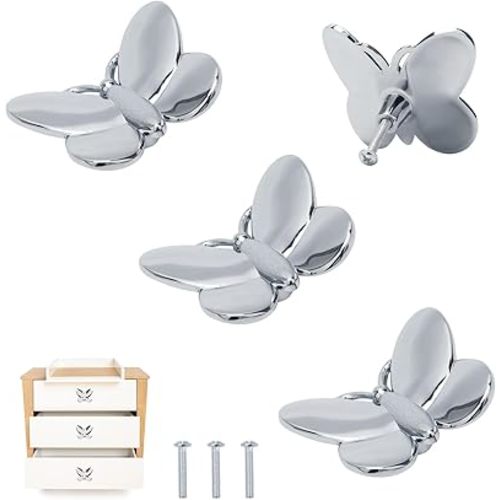 Silver Butterfly Drawer Knobs Kitchen Hardware for Cabinets Cute Animal Dresser Knobs Furniture Cupboard Handles Single Hole Cabinet Knobs 4 Pcs (Silver)