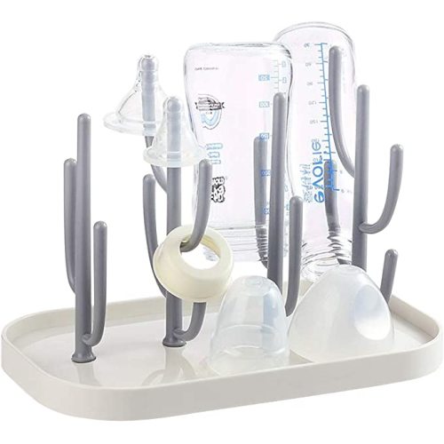 FEOOWV Baby Bottle Drying Rack with Base, Creative Tree Branch Baby Bottle Dryer Holder for Bottles, Teats, Cups, Pump Parts and Accessories (Gray)