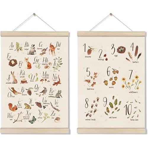 DOI-LANEE Alphabet Numbers Poster Hanger Frame, 2PCS Woodland Nursery Wall Decor 16x12 Inch, Educational Montessori Wall Art Toddler, Preschool Learning Posters, Homeschool Decor