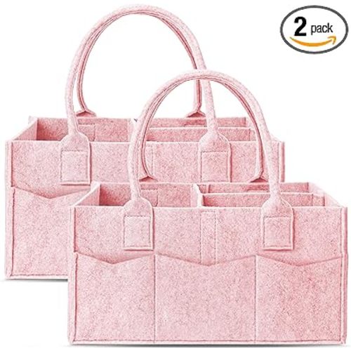 Cute Castle 2 Pack Diaper Caddy Organizer - Portable Baby Caddy Organizer with Handle, Nursery Storage Bin and Car Organizer for Girls, Boys - Baby Gift Basket - Pink