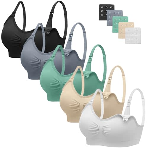 Angelhood Nursing Bra 5 Pack Womens Maternity Breastfeeding Seamless Wireless Sleep Bra with Extenders
