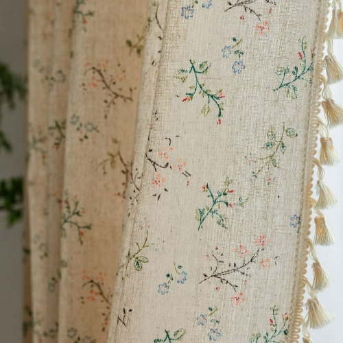Seasonwood Farmhouse Beige Flowers Light Filtering Rod Pocket Curtains, 59 in x 63 in